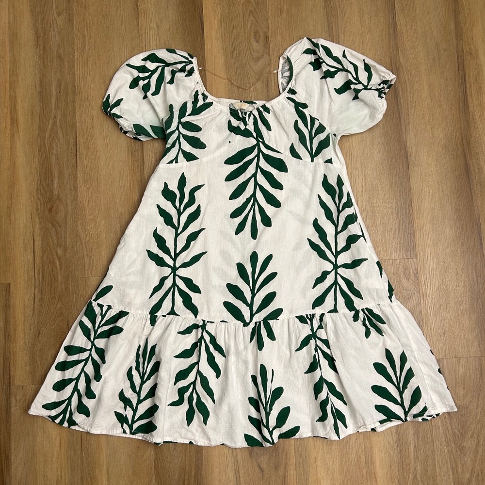XL Green White Tropical Leaf Print Puff Sleeve Tiered Mini Dress hawaiian resort